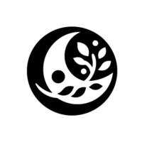 A stylized black and white emblem featuring a crescent moon, a small circle, and a stylized tree, all enclosed within a larger circle. vector