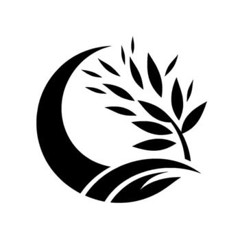 Abstract black and white featuring a stylized olive branch, crescent, and layered elements. vector