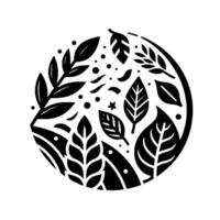 Elegant Black and White Botanical Circle Leaves, Berries, and Floral Elements, Arranged in a Harmonious, Artistic Composition, Set Against a Pure White Background. vector