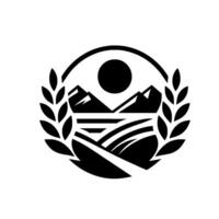 Monochromatic agricultural featuring stylized mountains, rolling fields, and a sun within a circular frame, encircled by wheat stalks, suggesting farming and harvest. vector
