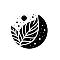 Stylized monochrome botanical emblem featuring two leaves, surrounded by a circle, with dots and a large central dot, all set against a clean white background. vector