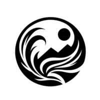 Yin and Yang Symbol with Mountain, Sun and Waves Contrasting Elements in Harmonious Circular . vector