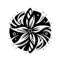 A stylized, symmetrical black and white floral with radiating petals and intricate patterns, set within a circular frame, accentuated by minimalist details. vector
