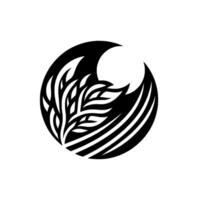 Abstract, black and white circular featuring stylized foliage framed by a crescent moon, evoking natures tranquility. vector