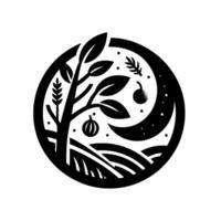 Circular Monochrome Illustration Lush tree with leaves and fruit, alongside fields, a night sky, and crescent moon. vector