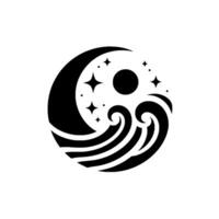 A symmetrical black and white circular representing a nighttime seascape, with crescent moon, stars, waves, and a central sun or moon. vector