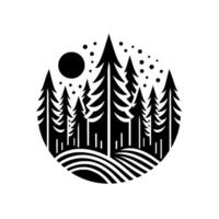 A stark, minimalist black and white illustration of a forest scene within a circle, with silhouetted pine trees under a full moon, and a rolling hill. vector