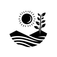 A stylized black and white illustration showing a sun, a sprout emerging from a landscape of layered fields, emphasizing growth. vector