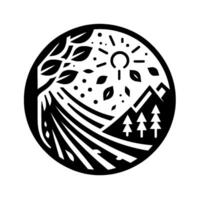 Stylized Black and White Illustration A circular composition of a landscape featuring fields, trees, mountains, and a crescent sun, embodying natural beauty. vector