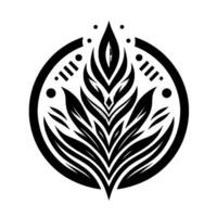 Geometric botanical featuring stylized leaves, set within a circular frame with dots and linear accents, monochromatic minimalism. vector