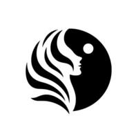 Minimalist Black and White Depicting a Womans Silhouette with Flowing Hair, Set Against a YinYang Circle and a White Dot. vector