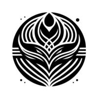 A symmetrical, black and white, floralinspired encapsulated within a circle. Elegant, minimalist pattern with dots and curved lines. vector
