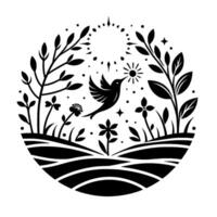 A stylized, circular monochrome illustration of a hummingbird approaching the sun amidst floral and foliage elements within a garden setting. vector