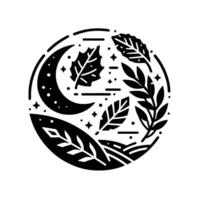 Black and White Circular Illustration Crescent Moon, Leaves, and Stars, a Decorative, Abstract, and Stylized Composition on White. vector