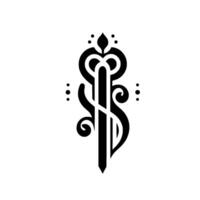 Monochromatic Abstract Key A symmetrical black glyph, resembling a stylized key with ornate swirls, floral accents, and dot clusters, set against a plain white background. vector