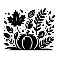 Silhouetted Black and White Autumn Harvest Illustration Featuring a Pumpkin, Apple, Leaves, and Branches, on a White Background. vector
