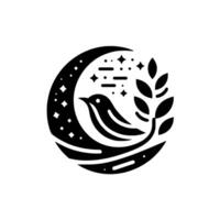 A stylized black and white featuring a bird within a crescent moon, surrounded by stars and a sprig of leaves, evoking a peaceful and celestial atmosphere. vector