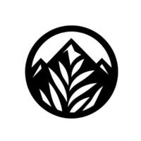 Monochromatic minimalist featuring mountain peaks and stylized leaves within a circular frame, evoking nature and tranquility. vector