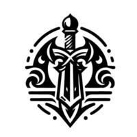 Ornate Black and White Sword Emblem, a Stylized Crest, Featuring Intricate Decorative Elements and a Symbolic on White. vector