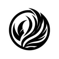 A stylized, symmetrical black and white featuring abstracted feather or flame elements contained within a circular frame on a white background. vector