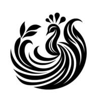 Bold Black and White Stylized Peacock Silhouette, Circular Composition, with Flowing Feathers and Crest, on a White Background. vector