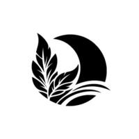 Black and white minimalist featuring leaves nestled within a crescent moon and flowing lines, evoking natures serenity. vector