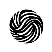 Black and white abstract of a circular, woven, swirling pattern of curved, parallel lines, set against a bright white background. vector