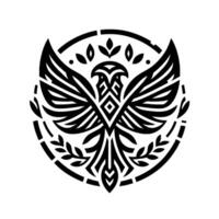Ornate Black and White Stylized Eagle Within a Circle, Featuring Geometric Wings, Leaves, and Symmetry. vector