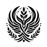 Symmetrical Black and White Illustration of a Stylized Emblem Featuring Wings, Leaves, and Curved Elements in a Circular Composition. vector