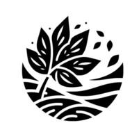 Minimalist Black and White Circular Illustration of a Leafy Plant, Depicting Natures Resilience and Organic Forms. vector