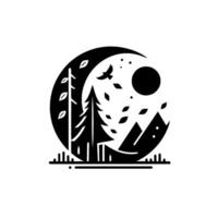 Monochromatic nature illustration, encapsulated in a circle, showcasing trees, sun, mountains, bird, and falling leaves, evoking tranquility. vector