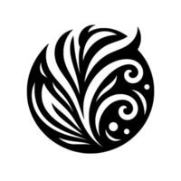 Black and white circular emblem with stylized featherlike elements, swirls, and dots forming a decorative, symmetrical on white. vector