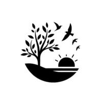 Silhouette of a serene landscape within a circle tree, birds, sun, and water, rendered in bold black against a clean white background, evoking peace. vector