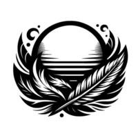 Intricate Black and White Circular Crest with Feathers, SemiCircle, Ornate Elements, and Ornamental Detail. vector