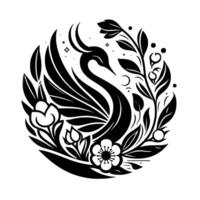 Elegant Black and White Circular Illustration Featuring a Swan Amidst Floral and Foliage Embellishments, Symbolic of Grace and Harmony. vector