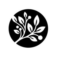 Elegant Silhouette Botanical Branch with Leaves and Berries Encased in a Black Circle Against a White Background. vector