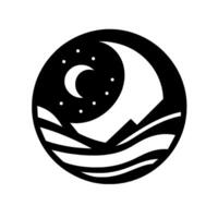 Circular minimalist illustration depicting a night landscape with mountains, stylized waves, a crescent moon, and stars, rendered in black and white. vector