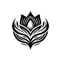 A symmetrical, abstract illustration of a stylized flower or lotus, rendered in highcontrast black and white, with a minimalist aesthetic. vector