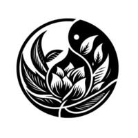 Yin Yang floral in black and white, featuring a blooming lotus flower and intricate leaf patterns, within a circular frame, embodying balance and harmony. vector