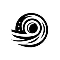 Stylized abstract black and white featuring concentric circles and crescent shapes, accented by three dots, evoking a sense of movement. vector