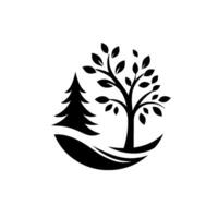 A minimalist black and white depicting a stylized evergreen and deciduous tree within a subtle circular landscape. vector