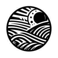 Stylized Black and White Circular Illustration Moon, Sun, and Waves, Resembling Japanese Art, with Abstract Landscape. vector