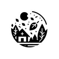 Minimalist Black and White Circle Composition Depicting a Clinic or Cabin Surrounded by Trees, Leaves, and a Stylized Sun, Symbolizing Health and Nature vector