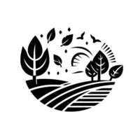 Black and White Stylized Nature Scene Field with Trees, Sun, Leaves, and Birds in a Circular Composition. vector