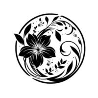 Elegant Monochrome Floral within a Circular Frame, Featuring Detailed Petals, Leaves, and Delicate Blossoms, Minimalist Style. vector