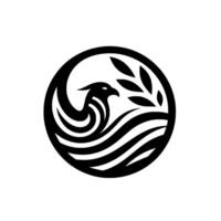 Elegant, minimalist featuring a stylized eagle or falcon intertwined with flowing lines suggesting waves, and olive branch leaves in a circular frame on white. vector