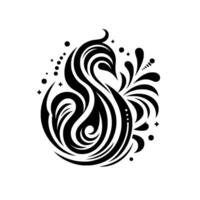 Elegant, symmetrical black and white artistic featuring swirling lines, a curved shape reminiscent of a swan or phoenix, and stylized embellishments. vector