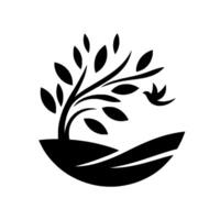 Elegant Black and White Illustration A Stylized Tree with Leaves and a Bird Within a Crescentshaped Landscape, Symbolizing Growth and Freedom on White Background. vector