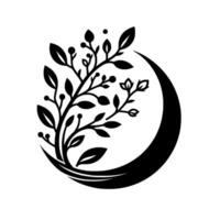 Black and White Minimalist Botanical Branch and Leaf Arrangement Enclosed by a Crescent Moon Shape on White vector