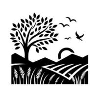 A minimalist black and white landscape silhouette features a tree, fields, mountains, a setting sun, and soaring birds, evoking peace. vector